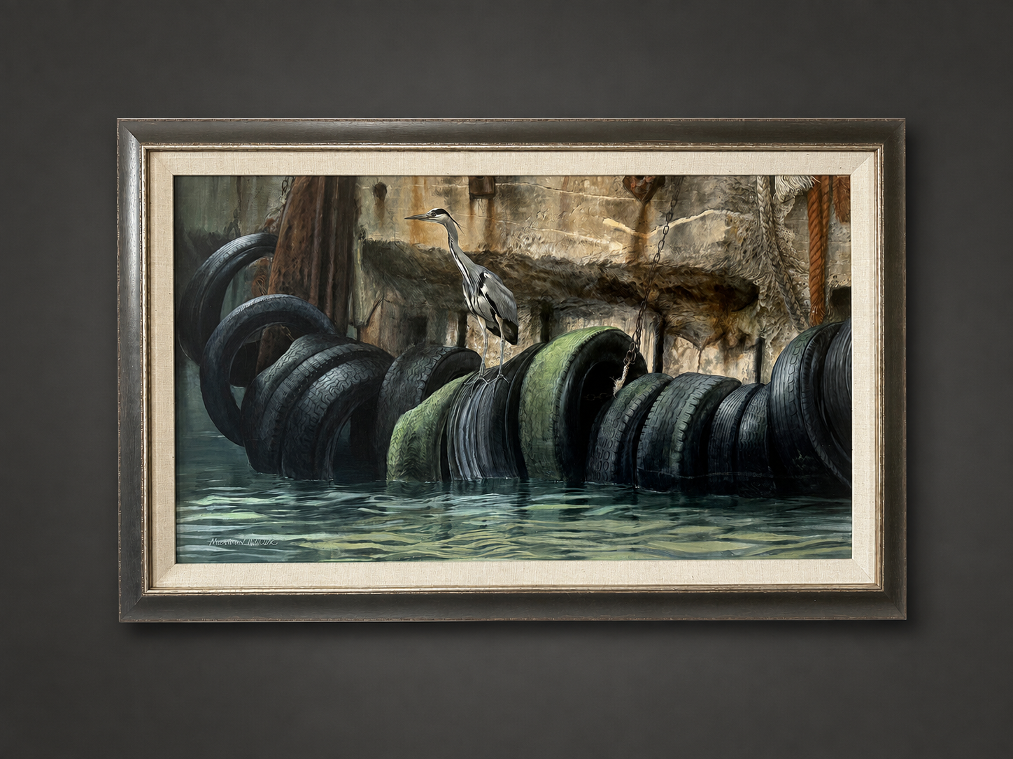 Grey Heron on Tire by Matthew Hillier